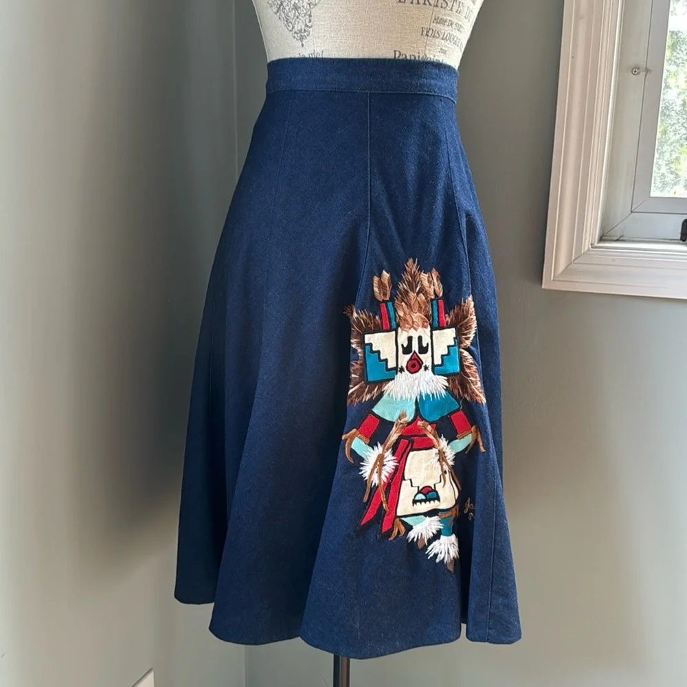 Native American appliqué Jean midi skirt with feather faux suede tunic EVC small